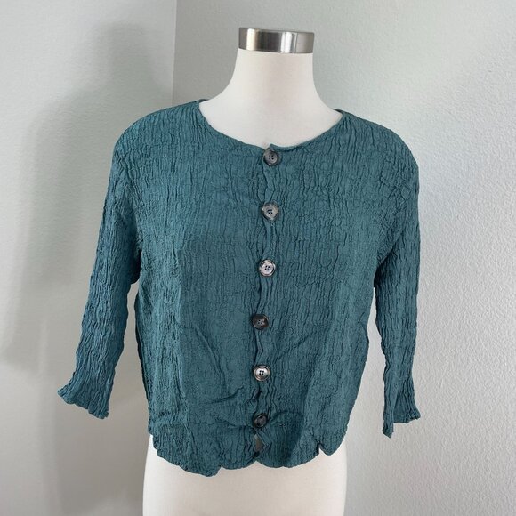 NEW Cp Shades Womens Small Button Up Textured Crinkled Top Teal Shirt - Picture 1 of 10